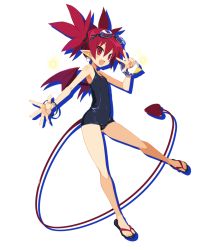 Rule 34 | 1girl, bracelet, demon girl, demon tail, demon wings, disgaea, disgaea rpg, drop shadow, earrings, etna (disgaea), fang, full body, goggles, goggles on head, jewelry, official art, open hand, open mouth, pointy ears, red eyes, red hair, sandals, school swimsuit, solo, sparkle, swimsuit, tail, transparent background, twintails, w, wings