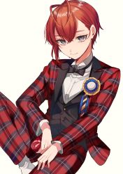 Rule 34 | 1boy, blue eyes, flannel, formal, highres, kenpin, looking at viewer, looking to the side, necktie, pale skin, red hair, riddle rosehearts, school uniform, solo, striped, suit, twisted wonderland