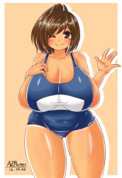 Rule 34 | 10s, 1girl, alternate breast size, ayazumi flutter, blue one-piece swimsuit, blush, breasts, brown eyes, brown hair, cleavage, female focus, gigantic breasts, i-401 (kancolle), kantai collection, looking at viewer, one-piece swimsuit, plump, school swimsuit, sideboob, simple background, smile, solo, standing, swimsuit, tan, wink