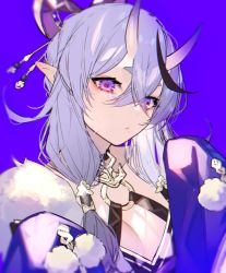Rule 34 | 1girl, commentary request, crossed bangs, face, hair between eyes, hair ornament, horns, japanese clothes, kayahara, kimono, light purple hair, long hair, looking at viewer, mole, mole under mouth, nijisanji, oni, pointy ears, purple background, purple eyes, purple hair, purple theme, rindou mikoto, short eyebrows, simple background, skin-covered horns, solo, thick eyebrows, virtual youtuber