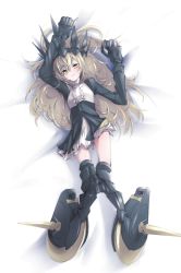 Rule 34 | 10s, 1girl, absurdres, armor, arms up, black legwear, black rock shooter, blonde hair, blush, chariot (black rock shooter), full body, gauntlets, greaves, headdress, highres, knees together feet apart, long hair, looking at viewer, lying, on back, revision, skirt, solo, takka (aegis9294), wheel, yellow eyes