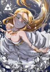 Rule 34 | 1girl, absurdres, bare shoulders, barefoot, belt, blonde hair, bracer, breasts, bubble, cleavage, closed eyes, commentary, downblouse, dress, english commentary, gown, hair between eyes, hanaberin, highres, jewelry, large breasts, long dress, long hair, necklace, nintendo, no bra, pointy ears, princess zelda, solo, strapless, strapless dress, the legend of zelda, the legend of zelda: breath of the wild, thick eyebrows, triforce, underwater, very long hair, white dress