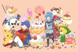 Rule 34 | 4boys, armor, blonde hair, blue eyes, blue hair, cake, candle, candy, cape, checkerboard cookie, cherry, child, chocolate, chocolate bar, cookie, creatures (company), doughnut, fire emblem, fire emblem: mystery of the emblem, fire emblem: path of radiance, food, fork, fruit, game freak, gen 1 pokemon, gloves, hat, headband, ice cream, ike (fire emblem), jelly bean, jigglypuff, kirby, kirby (series), link, lollipop, male focus, marth (fire emblem), mask, meta knight, mother (game), mother 2, multiple boys, ness (mother 2), nintendo, pastry, pikachu, pointy ears, pokemon, pokemon (creature), pudding, simple background, sitting, smile, sprinkles, strawberry, super smash bros., swirl lollipop, tail, the legend of zelda, tiara, toon link, wafer stick, wings, yellow eyes