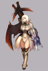 Rule 34 | 1girl, boots, breasts, capcom, full body, gun, monster hunter (series), n.a., simple background, solo, thigh boots, thighhighs, weapon, white hair, wings