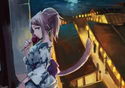 Rule 34 | 1girl, animal ears, blue eyes, blurry, blurry background, braid, brown hair, candy apple, cat ears, cat tail, facial mark, festival, final fantasy, final fantasy xiv, food, hisato ar, holding, holding food, japanese clothes, kimono, lips, looking at viewer, miqo&#039;te, night, open mouth, profile, short hair, short ponytail, signature, solo, tail, yukata