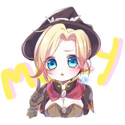Rule 34 | 1girl, bad id, bad pixiv id, belt, belt buckle, black dress, black gloves, black hat, blonde hair, blue eyes, blush, bracelet, breasts, brooch, buckle, cape, character name, chibi, cleavage, dress, earrings, eyelashes, facing viewer, gloves, hair intakes, halloween, hat, hat belt, index finger raised, jewelry, large breasts, lips, looking at viewer, mercy (overwatch), nearo, open mouth, overwatch, overwatch 1, popped collar, short hair, simple background, single earring, solo, tareme, triangle mouth, upper body, white background, witch hat, witch mercy