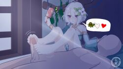 Rule 34 | 1boy, 1girl, barefoot, bed, clothed female nude male, feet, footjob, highres, kokkoro (princess connect!), medium hair, nude, parted lips, precum, princess connect!, purple eyes, soles, toes, white hair