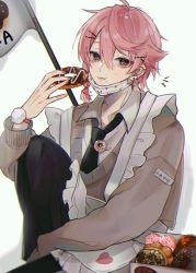 Rule 34 | 1boy, a20190422, apron, collared shirt, cross, doughnut, ear piercing, earrings, eating, flag, food, jewelry, looking at viewer, male focus, mask, mouth mask, necktie, original, pale skin, piercing, pink hair, purple eyes, shirt, solo, source request