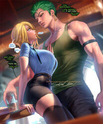 Rule 34 | 1boy, 1girl, against table, black thighhighs, blonde hair, blue eyes, blush, breasts, buttons, collared shirt, curly eyebrows, drink, earrings, english text, food, genderswap, genderswap (mtf), green hair, hair over one eye, hetero, jewelry, large breasts, lips, looking at another, medium hair, muscular, muscular male, one piece, open mouth, roronoa zoro, sakimichan, sanji (one piece), shirt, short hair, shorts, speech bubble, thick thighs, thighhighs, thighs, underwear, veins, zettai ryouiki