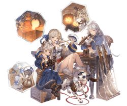 Rule 34 | 3girls, animal, boots, breasts, chair, cleavage, cucouroux (granblue fantasy), dog, draph, full body, granblue fantasy, gun, holding, horns, medium breasts, mouth hold, multiple girls, official art, one eye closed, open mouth, rifle, siblings, sisters, sitting, smile, table, transparent background, weapon
