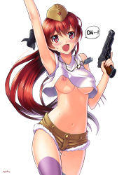 Rule 34 | 1girl, :d, arm up, asymmetrical legwear, bare arms, bare shoulders, blue thighhighs, blush, breasts, brown hat, brown shorts, buttons, collarbone, cutoffs, eyebrows, fang, garrison cap, gun, hammer and sickle, hat, highres, holding, holding gun, holding weapon, large breasts, long hair, looking at viewer, mismatched legwear, navel, nipples, no bra, number10 (hagakure), open mouth, original, purple thighhighs, red eyes, red hair, shirt, short shorts, shorts, simple background, sleeveless, sleeveless shirt, smile, solo, stomach, tank top, thighhighs, very long hair, weapon, white background, white shirt
