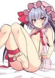 Rule 34 | 1girl, :/, bad id, bad twitter id, bat wings, bed sheet, beni kurage, blush, bow, breasts, commentary request, convenient censoring, eyelashes, fingernails, frilled shirt collar, frills, hat, hat bow, hat ribbon, highres, knees, leg ribbon, lingerie, looking at viewer, lying, mob cap, negligee, on bed, pink hat, purple hair, red bow, red eyes, red ribbon, remilia scarlet, ribbon, see-through, short hair, simple background, small breasts, solo, thigh ribbon, thighs, toe scrunch, toenails, touhou, underwear, white background, wings