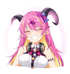 Rule 34 | 1girl, :d, arm strap, asymmetrical horns, bare shoulders, blonde hair, blush, bow, breasts, chest harness, closed eyes, colored inner hair, curled horns, demon horns, felutiahime, hair between eyes, hair bow, hair ornament, harness, headphones, headphones around neck, highres, hololive, horns, long hair, mano aloe, medium breasts, multicolored hair, open mouth, pink hair, pointy ears, sleeveless, smile, solo, two-tone hair, uneven horns, virtual youtuber