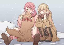 Rule 34 | 2girls, ^ ^, aiiro bokujuu, animal, bang dream!, blonde hair, blush, boots, breath, closed eyes, closed mouth, coat, dog, enpera, highres, legs together, long hair, long sleeves, looking at another, maruyama aya, medium hair, multiple girls, on ground, open mouth, petting, pink hair, scarf, shirasagi chisato, signature, sitting, smile, snow, snowing, spread legs, squatting, sweater, tail, tail wagging, winter clothes, winter coat