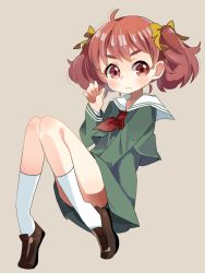 Rule 34 | 1girl, aged down, bow, child, enomoto yuiko, eyebrows, hair bow, loafers, love lab, red eyes, red hair, school uniform, shoes, socks, solo, sunameri oishii, twintails, white socks