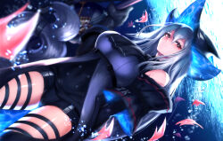 Rule 34 | 1girl, arknights, arm garter, ascot, black ascot, black gloves, black pants, breasts, bubble, caustics, closed mouth, clothing cutout, commentary, cowboy shot, detached sleeves, dutch angle, expressionless, eyelashes, from below, gloves, grey hair, grey shirt, hair between eyes, hat, highres, large breasts, leg cutout, long hair, low-tied long hair, pants, red eyes, shirt, skadi (arknights), skadi (elite ii) (arknights), solo, sword, thigh strap, thighs, underwater, very long hair, weapon, yoko2yuray