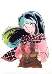 Rule 34 | 1980s (style), absurdres, blush, cone horns, cropped legs, green hair, hands in pockets, highres, horns, long hair, long sleeves, lum, official art, oldschool, oni, painting (medium), pink sweater, plaid, plaid scarf, retro artstyle, scarf, simple background, solo, sweater, takahashi rumiko, traditional media, urusei yatsura, watercolor (medium), white background, yellow eyes