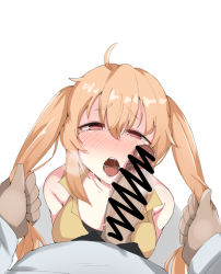 Rule 34 | 1boy, 1girl, blonde hair, blush, censored, drooling, erection, fellatio, girls&#039; frontline, grabbing another&#039;s hair, hetero, kumasteam, large penis, looking at viewer, m870 (girls&#039; frontline), no nose, open mouth, oral, penis, penis awe, penis on face, pov, precum, red eyes, saliva, saliva trail, simple background, solo focus, tears, torogao, twintails