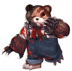 Rule 34 | alternate costume, artist request, chaos online, claws, full body, gurr (chaos online), highres, no humans, official art, one-eyed, solo, stitches, stuffed animal, stuffed toy, suspenders, teddy bear, transparent background, walking