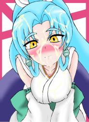 Rule 34 | 1girl, aqua hair, banpresto, bare shoulders, blue hair, blush, breasts, cleavage, closed mouth, covered erect nipples, cum, cum in mouth, cum on body, cum on breasts, cum on clothes, cum on upper body, facial, glacies, japanese clothes, kimono, long hair, ponytail, smile, super robot wars, super robot wars destiny, super robot wars original generation, very long hair, yellow eyes