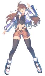 Rule 34 | 1girl, :o, black shirt, breasts, brown hair, brown shorts, cat with a brush, commission, cropped jacket, full body, fur trim, highres, long hair, long sleeves, medium breasts, midriff, navel, shion uzuki, shirt, shorts, simple background, solo, white background, xenosaga