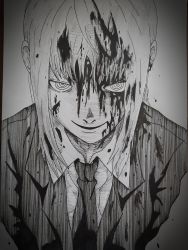 Rule 34 | 1girl, arms behind back, blood, blood on clothes, blood on face, business suit, chainsaw man, coat, collared shirt, crosshatching, eindrawppsn, formal, greyscale, hatching (texture), highres, light smile, looking at viewer, makima (chainsaw man), monochrome, necktie, office lady, ringed eyes, shirt, suit, white shirt