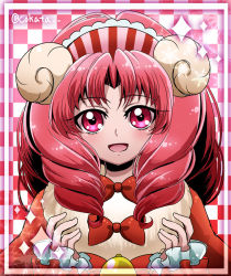 Rule 34 | 1girl, :d, akagi towa, blush, bow, checkered background, cokata, curly hair, go! princess precure, goat horns, hairband, horns, long hair, open mouth, precure, red bow, red eyes, red hair, smile, solo, twitter username, upper body