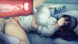 Rule 34 | 1boy, 1girl, bed, blue eyes, blue hair, breast hold, breasts, cellphone, censored, clothes lift, clothing aside, cross-section, cum, cum in pussy, expressionless, game cg, gloves, groin, hat, headphones, high ponytail, hikage eiji, hiramatsu (sakusei byoutou), holding, holding phone, indoors, kamitsurugi ouka, large breasts, legs, long hair, looking at phone, lying, missionary, mosaic censoring, nurse, nurse cap, on bed, original, panties, panties aside, penis, phone, pussy, sakusei byoutou, sex, skirt, skirt lift, spread legs, thighs, underwear, uniform, vaginal
