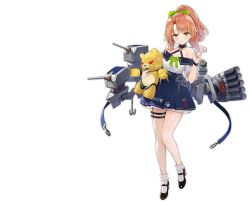 Rule 34 | 1girl, artillery, azur lane, bare shoulders, beargguy iii, black footwear, blue ribbon, blue skirt, full body, high ponytail, holding, holding toy, long hair, looking at viewer, miniskirt, morrison (azur lane), off-shoulder shirt, off shoulder, official art, orange eyes, orange hair, ribbon, rigging, shirt, skirt, socks, solo, suisai (suisao), thigh strap, torpedo tubes, toy, transparent background, white shirt, white socks