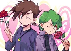 Rule 34 | 2boys, aihara (ihara113o), brown hair, closed mouth, commentary request, creatures (company), drew (pokemon), flower, game freak, gary oak, green eyes, green hair, hand up, holding, holding flower, jacket, jewelry, long sleeves, looking at viewer, male focus, multiple boys, necklace, nintendo, one eye closed, pokemon, pokemon (anime), pokemon (classic anime), pokemon rse (anime), purple jacket, purple shirt, red flower, red rose, rose, shirt, smile, spiked hair, upper body