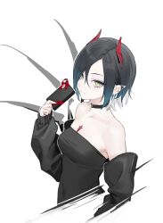 Rule 34 | 1girl, alternate costume, azur lane, bare shoulders, black choker, black hair, black shirt, blue hair, box, breasts, choker, closed mouth, collarbone, covered navel, detached sleeves, ear piercing, gift, gift box, gradient hair, hair between eyes, highres, holding, holding gift, horns, looking at viewer, medium breasts, multicolored hair, ohisashiburi, parted bangs, piercing, red horns, shirt, short hair, sidelocks, simple background, smile, solo, strapless, strapless shirt, ulrich von hutten (azur lane), upper body, white background, white hair, yellow eyes