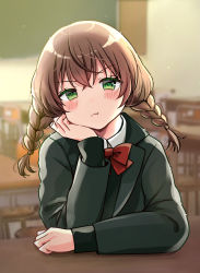Rule 34 | 1girl, :t, arm support, bad id, bad pixiv id, blazer, blurry, blurry background, blush, bow, bowtie, braid, brown hair, chair, closed mouth, collared shirt, commentary request, depth of field, desk, green eyes, green jacket, hair between eyes, hand up, highres, indoors, jacket, long hair, looking at viewer, low twintails, minami saki, open clothes, open jacket, original, pout, red bow, red bowtie, school chair, school desk, shirt, solo, twin braids, twintails, white shirt