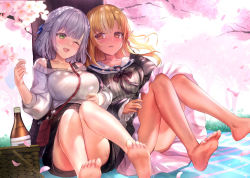 Rule 34 | 2girls, ;d, bag, barefoot, blanket, blonde hair, blush, bottle, bow, braid, breasts, brown eyes, cherry blossoms, collarbone, commentary request, couple, dark-skinned female, dark skin, dating, feet, fingernails, green eyes, hair ribbon, himonoata, holding, hololive, large breasts, legs, long hair, long sleeves, looking at another, multiple girls, official alternate costume, one eye closed, open mouth, outdoors, parted lips, petals, picnic, picnic basket, pointy ears, ribbon, sailor collar, shiranui flare, shiranui flare (street), shirogane noel, shirogane noel (casual), short hair, sitting, skirt, smile, soles, spring (season), striped, sweater, toenails, toes, tree, upskirt, vertical stripes, virtual youtuber, white legwear, white sailor collar, yuri
