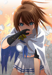 Rule 34 | 1girl, alternate costume, artist name, backlighting, black gloves, blue eyes, blue sailor collar, bow, breasts, brown hair, cloak, debris, dot nose, elbow gloves, emblem, fingerless gloves, fire, gloves, gomasho asuka, hair bow, hand on own face, highres, idol heroes (idolmaster), idolmaster, idolmaster million live!, idolmaster million live! theater days, large breasts, leaning forward, long hair, looking at viewer, magical girl, navel, pleated skirt, ponytail, rubble, sailor collar, satake minako, skirt, solo, torn clothes, white cloak