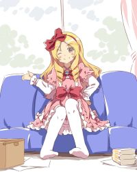 Rule 34 | 10s, 1girl, blonde hair, blush, bow, brown eyes, dress, drill hair, eromanga sensei, hair bow, hairband, highres, lolita fashion, long hair, looking at viewer, normaland, one eye closed, open mouth, pink dress, pointy ears, red bow, smile, solo, thighhighs, twin drills, white thighhighs, yamada elf