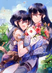 Rule 34 | 2girls, armor, artist name, ayra (fire emblem), belt, black hair, blue sky, bouquet, breastplate, commentary, cowboy shot, creyton, earrings, elbow gloves, english commentary, envelope, fire emblem, fire emblem: genealogy of the holy war, flower, gloves, highres, holding, holding bouquet, hug, jewelry, larcei (fire emblem), letter, long hair, looking back, mother and daughter, multiple girls, nintendo, purple tunic, short hair, shoulder armor, side slit, sidelocks, sky, smile, tree, tunic