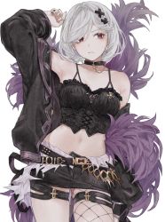 Rule 34 | 1girl, alter ego malevolent (granblue fantasy), arm at side, arm up, artist request, bare shoulders, belt, black jacket, camisole, choker, collarbone, cowboy shot, djeeta (granblue fantasy), feather boa, fishnets, granblue fantasy, hair ornament, highres, jacket, looking to the side, midriff, nail polish, navel, off shoulder, red eyes, short hair, shorts, silver hair, solo, spaghetti strap, standing, thigh strap, white background, x hair ornament