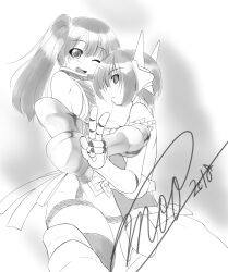 Rule 34 | 2girls, absurdres, astel(wizards symphony), atelier-moo, bare shoulders, breasts, closed mouth, expressionless, flat chest, full body, golem, greyscale, hair between eyes, highres, large breasts, long hair, mechanical arms, monochrome, multiple girls, one eye closed, open mouth, robot ears, short hair, side ponytail, sideboob, signature, simple background, smile, spica celest, standing, thighs, v, wizards symphony
