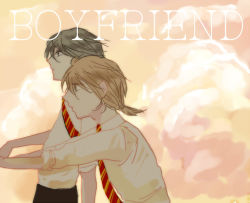 Rule 34 | 2boys, black hair, brown hair, cloud, cloudy sky, english text, harry potter (series), looking afar, looking to the side, male focus, multiple boys, necktie, ponytail, remus lupin, school uniform, sirius black, sky, striped necktie, striped neckwear, uniform, wizarding world, yaoi