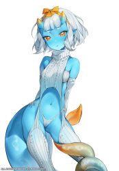 Rule 34 | 1girl, absurdres, artist name, bare shoulders, blue skin, center frills, closed mouth, colored skin, commentary, frills, highres, horns, looking at viewer, meme attire, monosucre, navel, orange eyes, original, shirt, solo, symbol-only commentary, virgin destroyer sweater, white background, white hair, white shirt