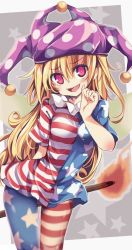 Rule 34 | 1girl, american flag dress, american flag legwear, arm behind back, asymmetrical legwear, blonde hair, blush, breasts, clownpiece, dot nose, fairy wings, feet out of frame, female focus, hand up, hat, jester cap, jpeg artifacts, legs together, long hair, looking at viewer, maturiuta sorato, mismatched legwear, open mouth, pantyhose, pink eyes, polka dot, polka dot hat, print pantyhose, sharp teeth, short sleeves, smile, solo, standing, star (symbol), star print, striped clothes, striped pantyhose, teeth, torch, touhou, upper teeth only, wings