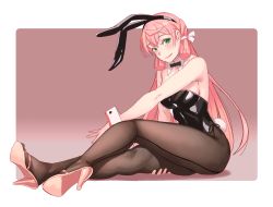 Rule 34 | 1girl, akashi (kancolle), animal ear hairband, animal ears, black bow, black bowtie, black leotard, black pantyhose, bow, bowtie, detached collar, fake animal ears, full body, gradient background, green eyes, hair ribbon, hairband, high heel sandals, kantai collection, leotard, lips, long hair, looking at viewer, pantyhose, pink background, pink footwear, pink hair, pink heels, playboy bunny, rabbit ear hairband, rabbit ears, rabbit tail, ribbon, sandals, shoe soles, sitting, solo, strapless, strapless leotard, tail, toeless footwear, tress ribbon, two-tone background, wrist cuffs, yuuji (and)