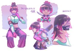 Rule 34 | 1girl, animification, apex legends, armor, black hair, breastplate, chibi, chibi inset, clothing cutout, collarbone, colored tips, cropped sweater, fluorescent tech valkyrie, green sweater, hands on own hips, highres, jetpack, kogane mushi, mask, mask pull, midriff, mouth mask, multicolored hair, multiple views, navel, official alternate costume, pink eyes, shoulder cutout, smile, sweater, valkyrie (apex legends)