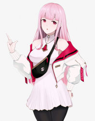 Rule 34 | 1girl, :o, breasts, casual, commentary, cowboy shot, grey background, hand on own hip, highres, hololive, hololive english, index finger raised, jacket, long hair, long sleeves, looking at viewer, medium breasts, mori calliope, pink eyes, pink hair, simple background, solo, sylviez, virtual youtuber, white jacket