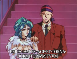 1990s_(style) 1boy 1girl anime_screenshot aqua_hair billy_kane breasts cleavage fatal_fury hand_on_another&#039;s_shoulder latin_text lily_mcguire oobari_masami ponytail retro_artstyle stairs talking_to_another