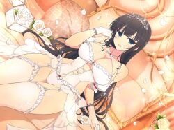 Rule 34 | 1girl, arm support, armpit crease, bed, bed sheet, black hair, blue eyes, blush, bow, bow panties, bowtie, box, breasts, bridal legwear, bridal lingerie, chest bow, cleavage, collarbone, commentary, detached sleeves, falling petals, flower, frilled garter belt, frilled pillow, frilled thighhighs, frills, garter belt, garter straps, gloves, groin, hand on own cheek, hand on own face, highres, hime cut, ikaruga (senran kagura), indoors, lace, lace-trimmed gloves, lace trim, large breasts, leaf, lens flare, light particles, lingerie, long hair, looking at viewer, official alternate costume, official art, on bed, open mouth, panties, petals, pillow, puffy short sleeves, puffy sleeves, rose, senran kagura, senran kagura new link, senran kagura shoujo-tachi no shin&#039;ei, shiny skin, short sleeves, shuriken, shuriken hair ornament, shuriken print, sitting, smile, solo, sparkle, thighhighs, tiara, underwear, very long hair, weapon, white bow, white bowtie, white flower, white garter belt, white gloves, white panties, white rose, white thighhighs, yaegashi nan, yellow flower, yellow rose