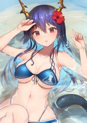 Rule 34 | 1girl, arknights, bare arms, bare shoulders, bikini, blue bikini, blue hair, breasts, ch&#039;en (arknights), ch&#039;en the holungday (arknights), ch&#039;en the holungday (elite ii) (arknights), commentary request, dragon horns, dragon tail, flower, front-tie bikini top, front-tie top, hair between eyes, hair flower, hair ornament, hands up, horns, large breasts, long hair, looking at viewer, navel, official alternate costume, parted lips, red eyes, red flower, solo, stomach, swimsuit, tail, yuzuruka (bougainvillea)