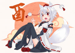 Rule 34 | 1girl, animal ears, bare shoulders, bird, canon4869, chicken, detached sleeves, drooling, geta, hat, inubashiri momiji, japanese clothes, kourindou tengu costume, looking at viewer, obi, open mouth, pom pom (clothes), red eyes, rooster, saliva, sash, short hair, silver hair, single shoe, solo, tail, tokin hat, touhou, wolf ears, wolf tail