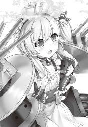 Rule 34 | 1girl, apron, azur lane, belfast (azur lane), braid, cannon, choker, clenched hands, detached sleeves, dress, excited, firing, frilled dress, frilled sleeves, frills, greyscale, gun, highres, little bel (azur lane), long hair, maid, maid apron, maid headdress, monochrome, neckwear request, open mouth, ponytail, raiou, rigging, side ponytail, sleeveless, sleeveless dress, smoke, smoking gun, tagme, weapon