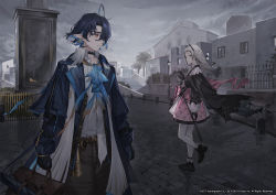 Rule 34 | 1boy, 1girl, arknights, ascot, bag, bird girl, blue hair, cityscape, gloves, grey hair, grey sky, highres, holding, holding bag, irene (arknights), long hair, lumen (arknights), official art, pointy ears, saber (weapon), scabbard, scenery, sheath, shoes, sky, sword, weapon